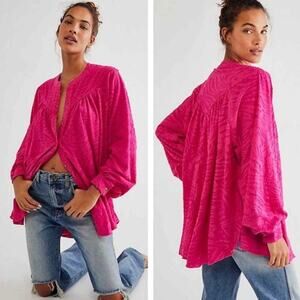 Free People Can't Stop Dreaming Oversized Button Up Shirt Hot Pink Small Barbie